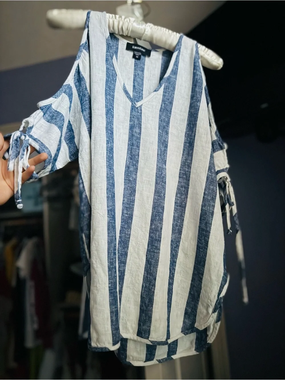Karen Kane Cold Shoulder Tie Sleeve V Top Navy Blue White Striped Linen Blouse